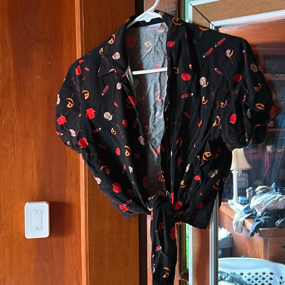 Trick or treat Halloween button down crop top with tie.